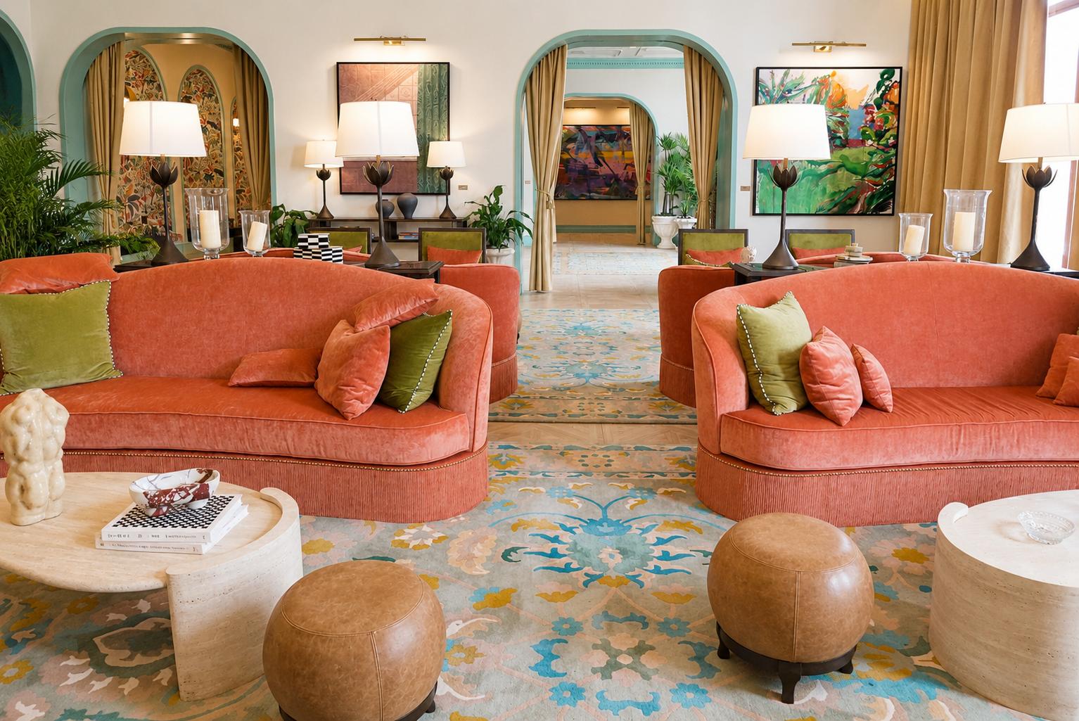 Lobby lounge — grand coral sofas, arched halls, original paintings