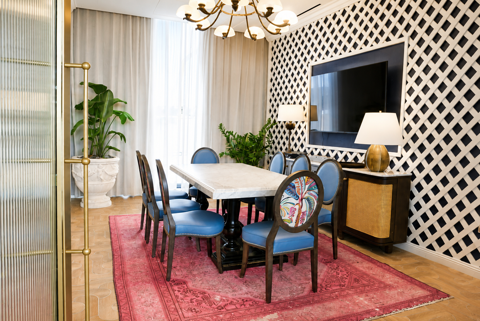 Private dining room — marble table, blue velvet chairs, lattice wall
