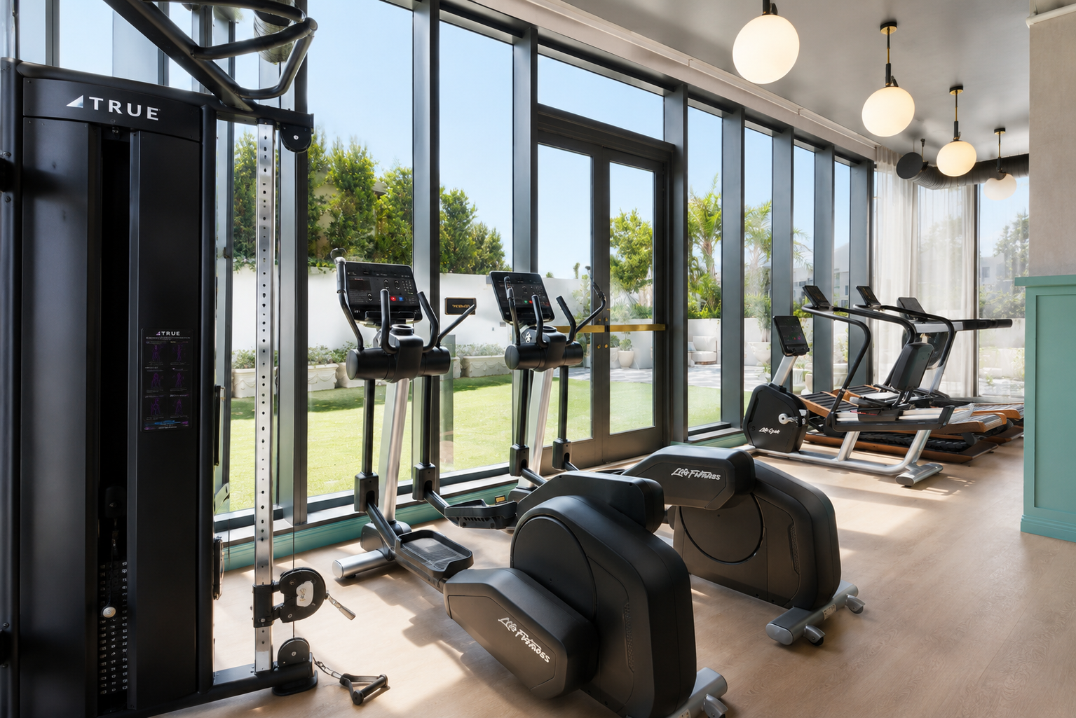 Gym cardio floor — ellipticals, treadmills, floor-to-ceiling windows