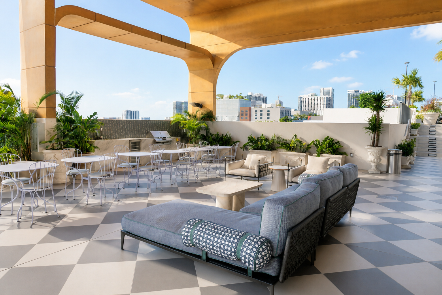 Rooftop BBQ terrace — outdoor dining, city skyline views